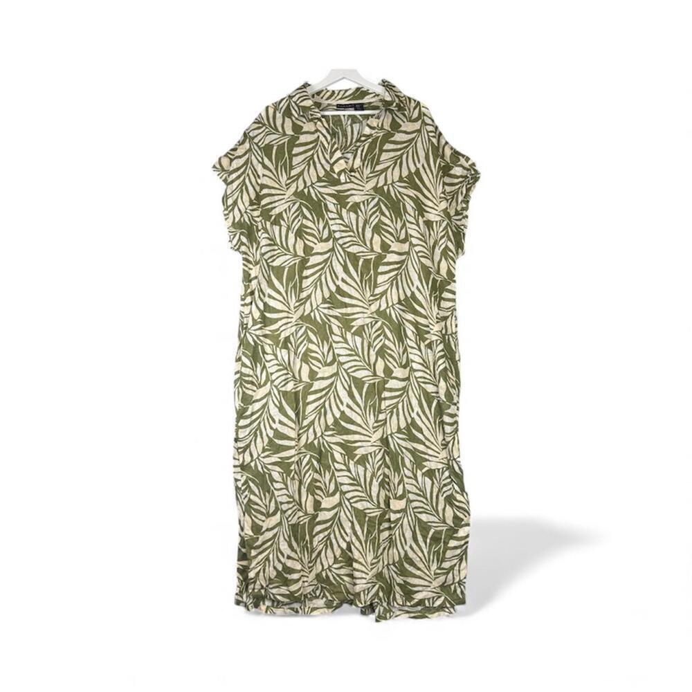 Tahari Linen Green and White Leaf Print Midi Dress Linen Blend Women's Size XL - Picture 1 of 8